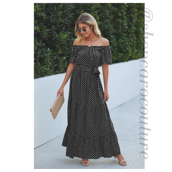 Caroline Couture Dresses & Skirts - Off Shoulder Polka Dot Dress - BLACK